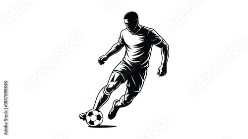 Dynamic Silhouette of a Soccer Player Dribbling a Ball on White Background football athlete