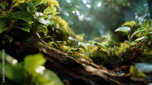 Vibrant rainforest scene with several frogs perched on a mossy log. Sunlight filters through the lush foliage, creating a dreamy vibe