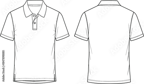 Minimal polo shirt technical flat illustration with front and back views for fashion design sewing pattern vector template apparel artwork