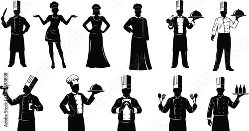 Professional chef silhouettes collection, restaurant kitchen staff characters, cooking uniform figures, culinary workers icons set, black vector illustration