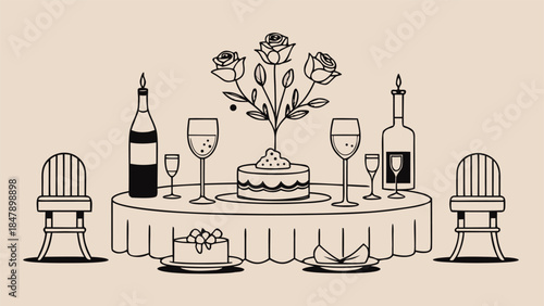 An illustration of a dining table adorned with wine glasses and plates, suggesting a festive meal setting..eps