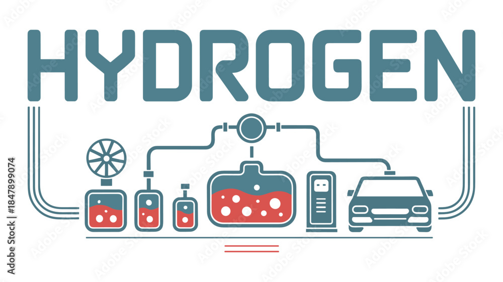 Fototapeta premium Hydrogen fuel cell car charging station schematic with text HYDROGEN vector illustration