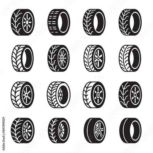Set of Car Tire Icons, Black and White Vehicle Wheel and Tread Symbols