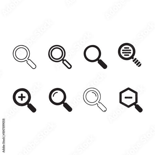 Set of minimalist magnifying glass icons flat vector design for search and zoom functions in web and