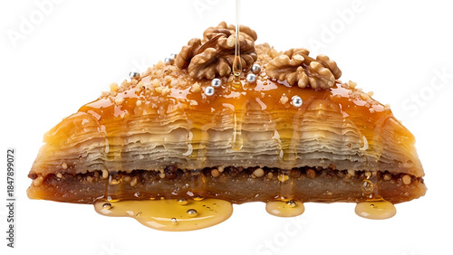 Honey Drizzling on Layered Baklava with Walnuts and Silver Pearls dessert pastry