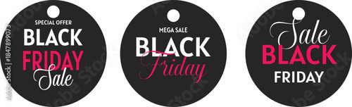 Black Friday sale tags. Plastic badges and price tags with Black Friday text. Black Friday promotional banners, discount labels collection