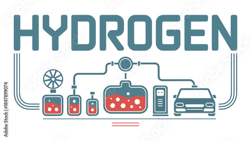 Hydrogen fuel cell car charging station schematic with text HYDROGEN vector illustration