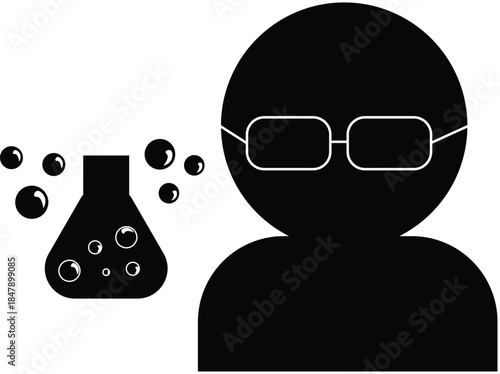 Black and white scientist or researcher icon with laboratory flask and bubbles, representing science, chemistry, research, and experimentation.