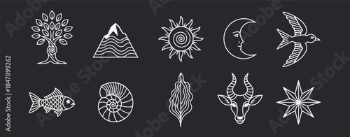 Mystic Nature Symbols Vector Set: Line Art Icons of Cosmos, Earth, and Animals