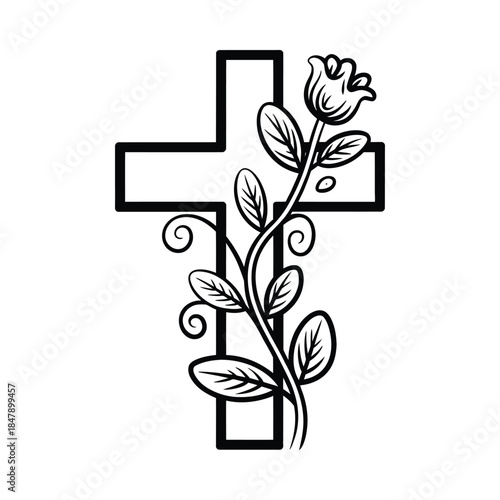 Cross with flower and leaves illustration