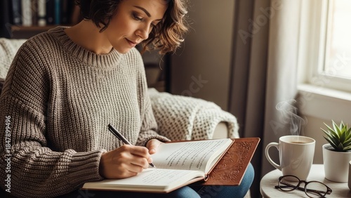 Mental health self-care: woman journaling