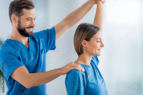 A physiotherapist assisting a woman with arm stretching.