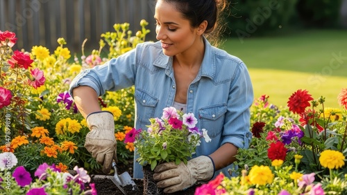 Fototapeta Naklejka Na Ścianę i Meble -  Woman gardening with flowers
