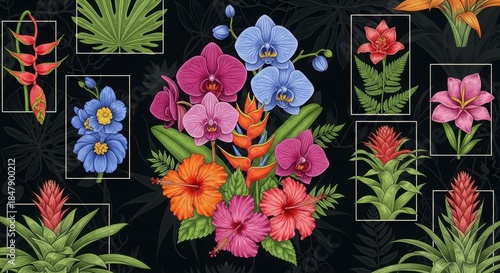 Vibrant Tropical Blooms: A visually stunning display of tropical flowers bursts with vibrant colors and intricate details, showcasing the beauty of exotic plant life.