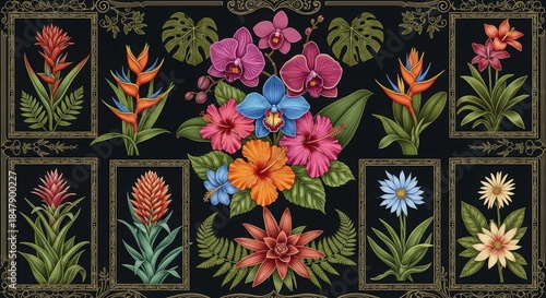 Floral Tapestry: A vibrant arrangement of tropical flowers, each meticulously detailed and arranged against a dark background, creates a visual symphony of color and form.