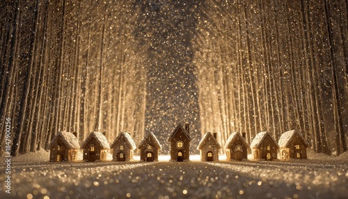 Miniature illuminated dwellings line a snowy path beneath a glittering forest canopy during a snowfall