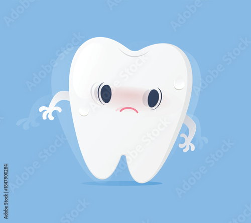 A diseased human tooth in the gum, illustrating a medico-dental concept of oral health. It shows a wobbly, falling, and unhealthy tooth in a flat style vector on a white background.