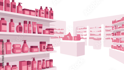 A brightly lit retail space displays a variety of pink-toned beauty and personal care products on shelves and counters.