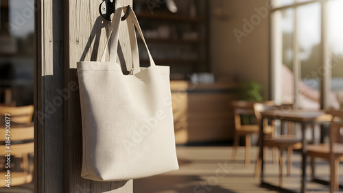 White canvas tote bag mockup hanging on a hook in a sunlit cafe, perfect for showcasing custom designs or branding