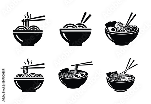 set of food ramen bowl silhouette icon vector illustration isolated on white background