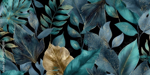 Detailed, decorative pattern of teal and gold tropical leaves on black background © Scoop