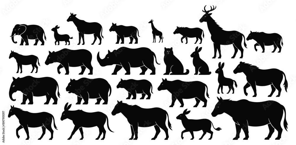 Obraz premium Silhouette Collection of Diverse African and Forest Animals on White Background wildlife animal silhouette
