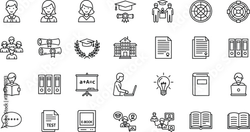 Big collection of linear icons about education school and learning with student books and graduation symbols in black outline style