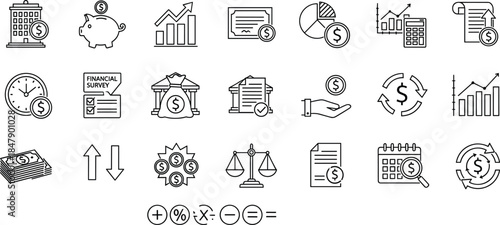 Big collection of linear icons about finance banking and investment with charts money and business symbols in black outline style