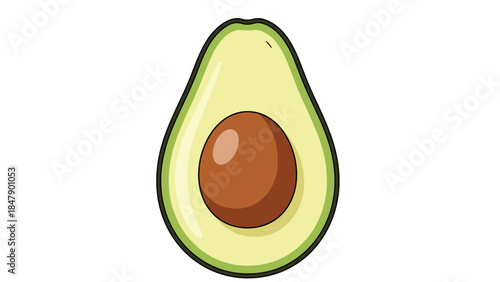 A vibrant illustration depicts a halved avocado with a large brown pit centered within its pale green flesh, showcasing its healthy appeal.