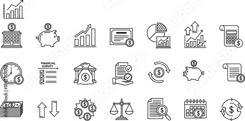 Big collection of linear icons about finance business and economy with charts money and investment symbols in black outline style