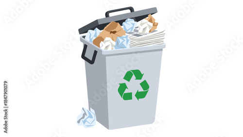 Full recycling bin overflowing with crumpled paper and cardboard demonstrates responsible waste management and environmental consciousness.