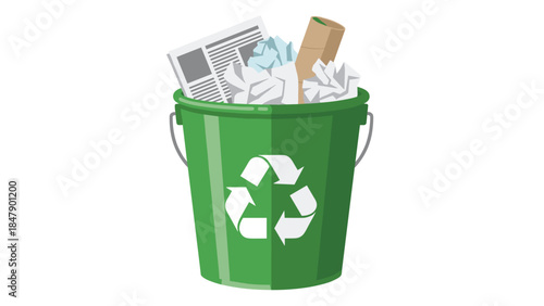 Green recycling bin overflowing with paper waste demonstrates responsible environmental practices and resource conservation.