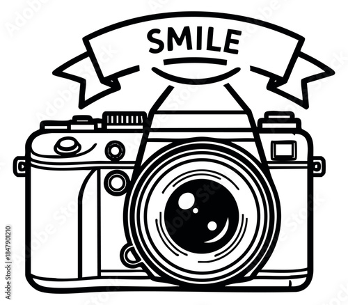 Vintage camera icon with smile ribbon black and white line art