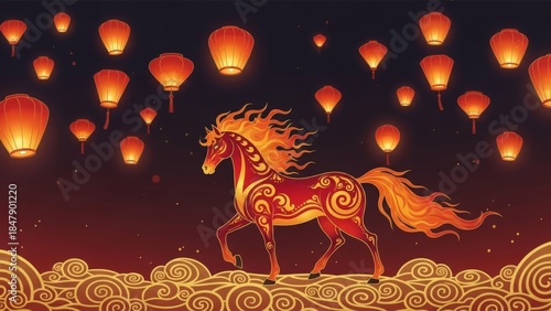 Vibrant fiery horse with swirling patterns illuminated by floating lanterns at