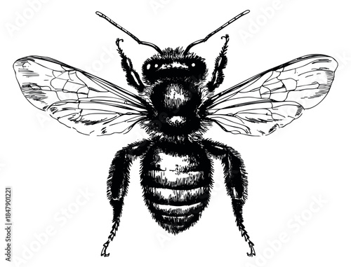 Vintage bee illustration with wings and fuzzy body hand drawn sketch