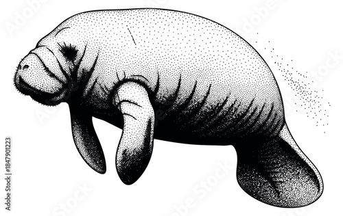 Vintage manatee illustration with dot shading hand drawn outline illustration