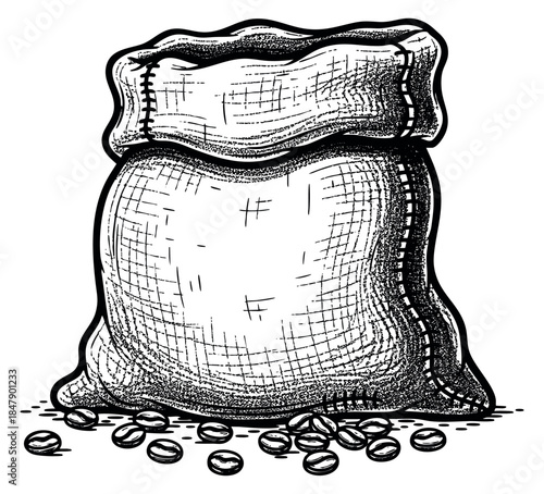 Vintage coffee sack with coffee beans hand drawn sketch