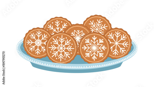 Festive gingerbread cookies decorated with intricate white icing snowflake designs are arranged on a light blue plate.