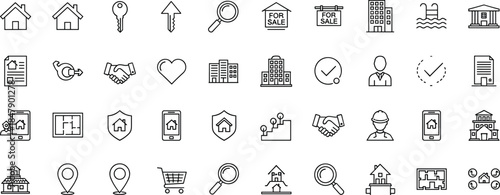 Big collection of linear icons about real estate and housing with home sale rent and agent symbols in black outline style