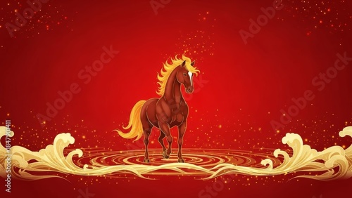Majestic golden maned horse emerging amidst flowing waves on vibrant red