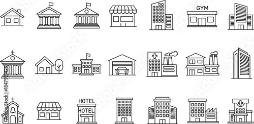 Black and white building icons featuring homes, public facilities, commercial spaces, and infrastructure for urban planning and architecture design.