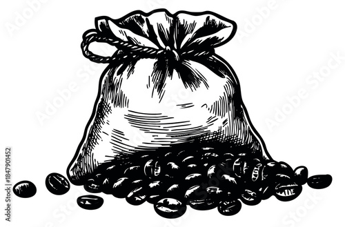 Vintage coffee bean bag with spilled beans hand drawn sketch