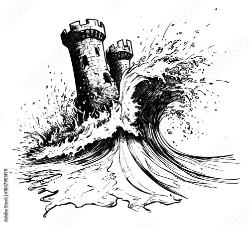 Castle tower set with crashing waves hand drawn outline illustration