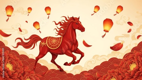 Vibrant red horse with flowing mane surrounded by floating lanterns and