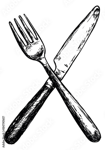 Vintage kitchen utensil set with fork and knife hand drawn sketch