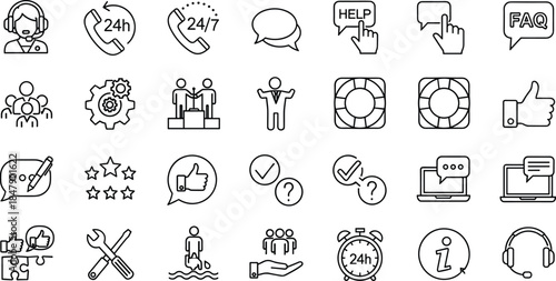 Black and white customer service icons featuring support tools, communication symbols, teamwork, and feedback for digital platforms.