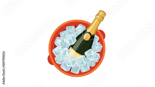 A chilled bottle of champagne rests in a red ice bucket filled with cubes, perfect for celebrations and special occasions.