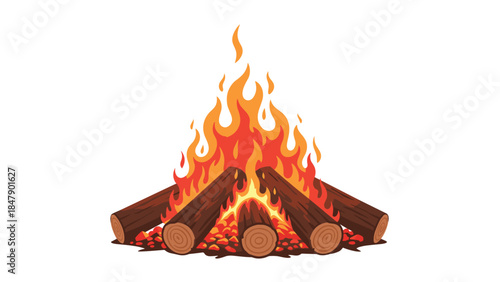 Cartoon illustration depicts a vibrant campfire with burning logs and bright orange flames, creating a cozy and warm atmosphere.