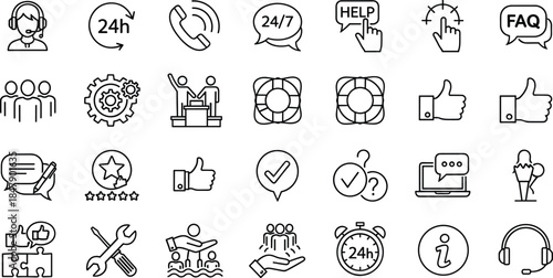 Black and white customer service icons featuring support tools, feedback, teamwork, and communication symbols for business platforms.
