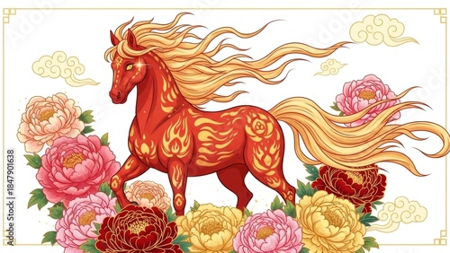 Majestic fiery horse surrounded by blooming peonies and decorative clouds